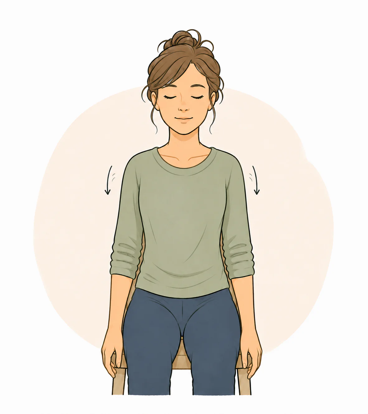 Femme assise, le visage détendu, les épaules basses et les mains retombant naturellement le long du corps