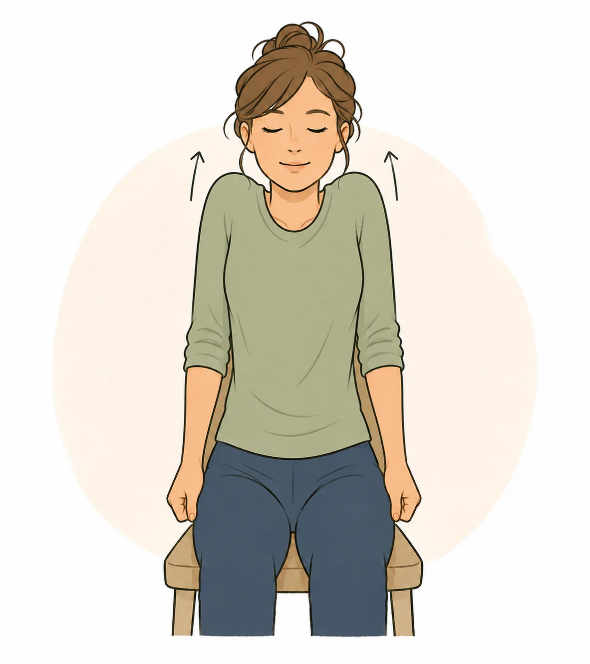 Femme assise, les bras le long du corps, les poings fermés et les épaules relevées