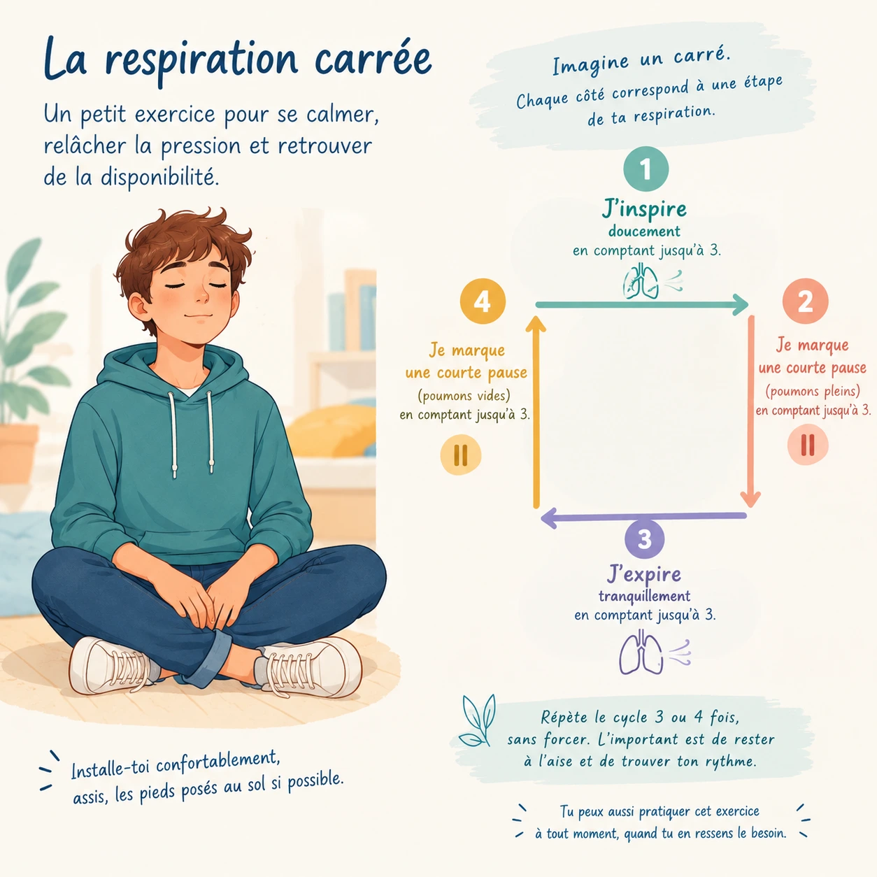Infographie de la respiration carrée : inspirer sur trois temps, faire une pause, expirer sur trois temps, puis faire une pause, sans forcer