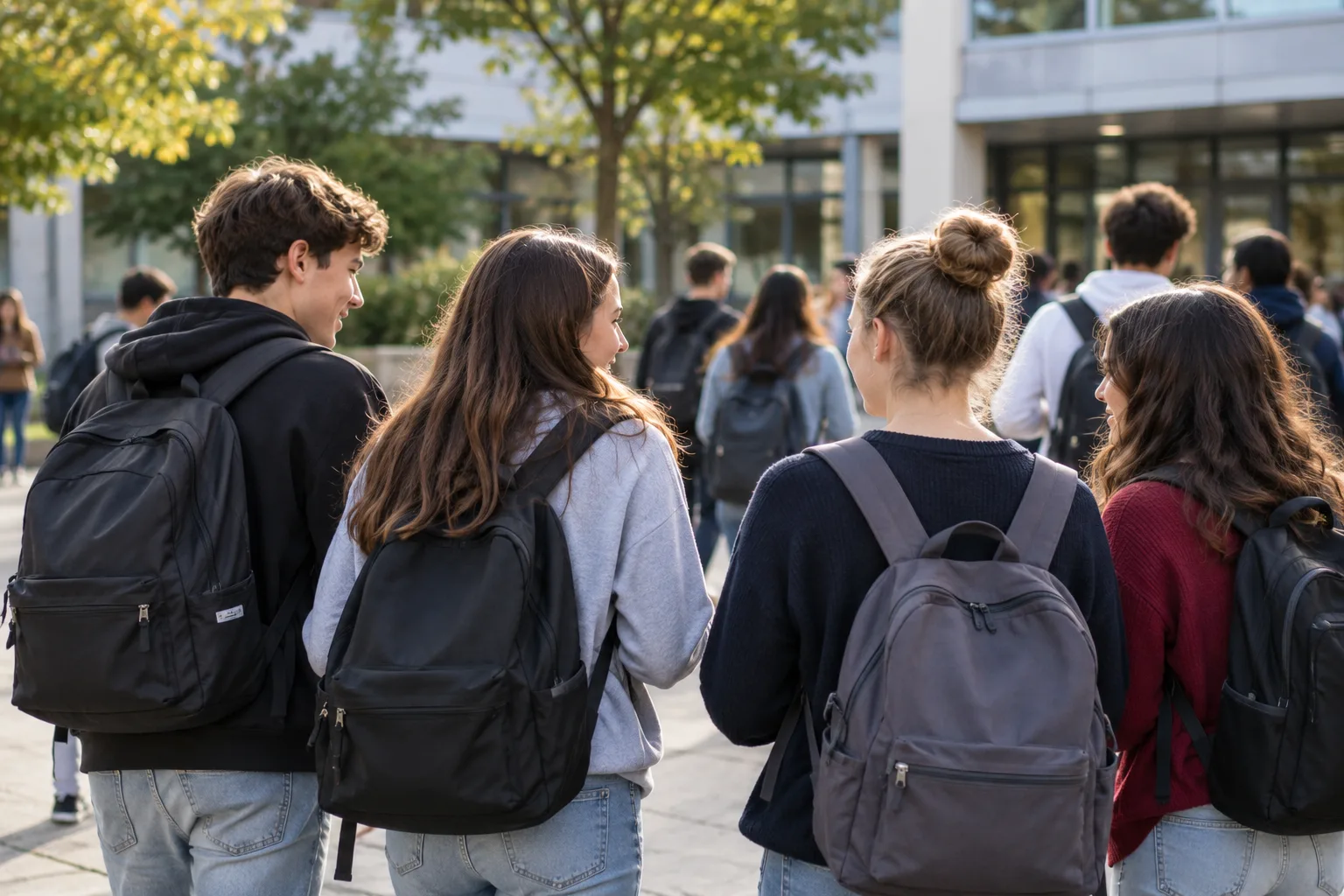 Adolescents discutant naturellement dans une cour d’école, vus de dos