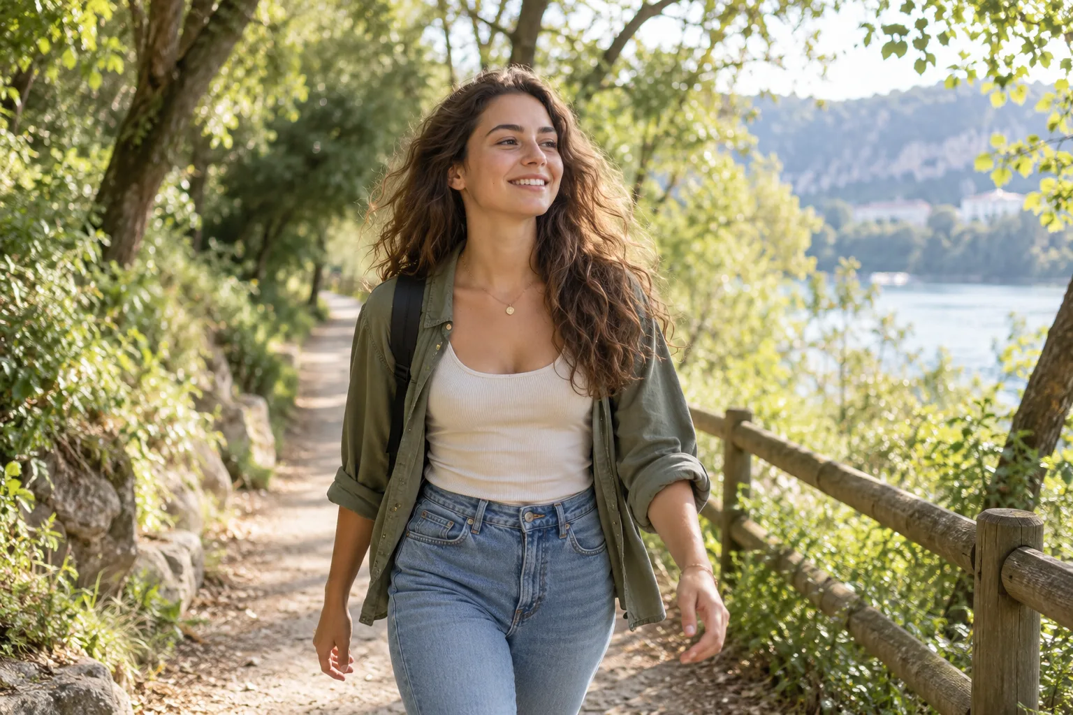 Jeune femme souriante se promenant sur un chemin arboré