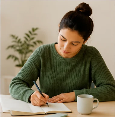 Une femme écrit dans un carnet en restant pleinement concentrée