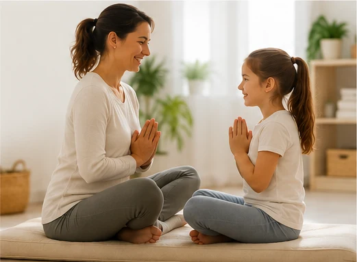 Une mère et sa fille pratiquent un exercice de calme ensemble