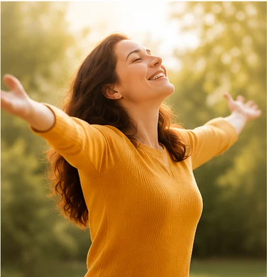 Une femme souriante ouvre les bras dans une lumière chaleureuse