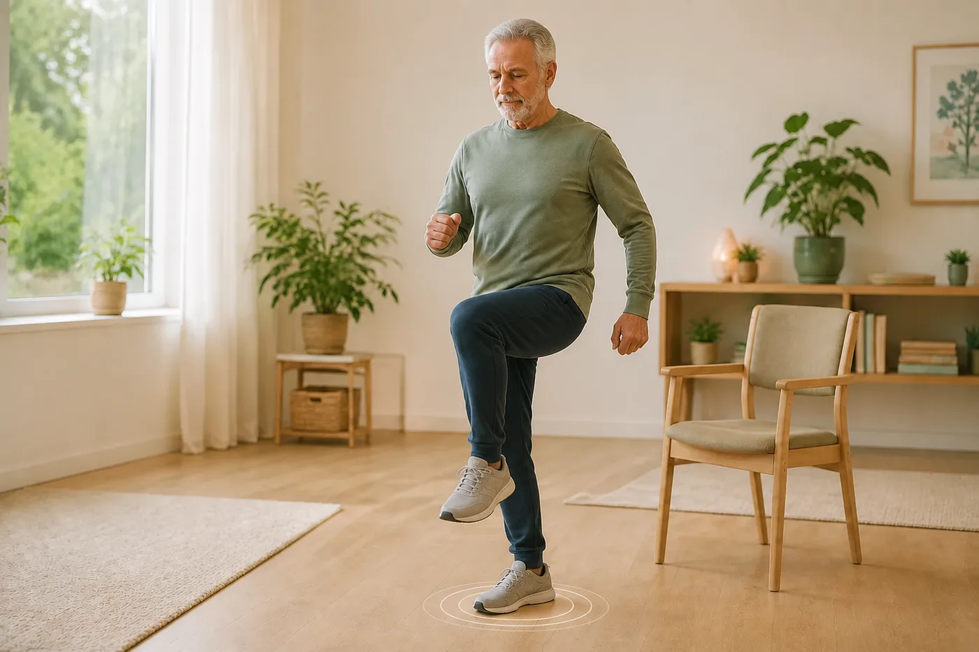Un senior marche sur place en se concentrant sur son pied d'appui