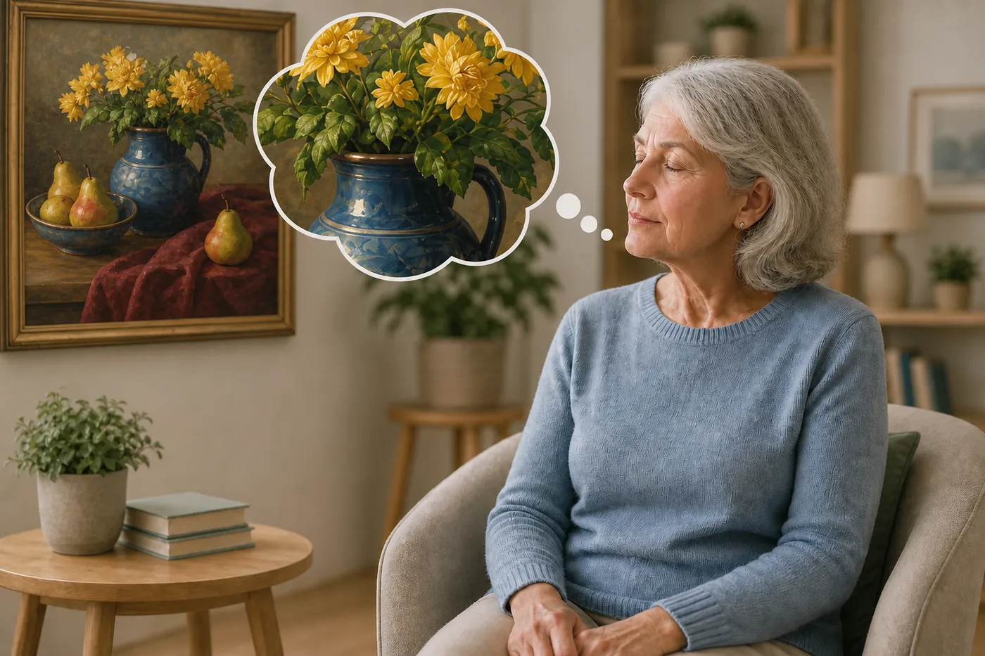 Une senior aux yeux fermés imagine les détails d'une nature morte