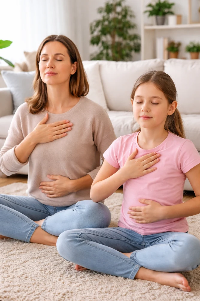 Une mère et sa fille pratiquent ensemble un exercice de respiration