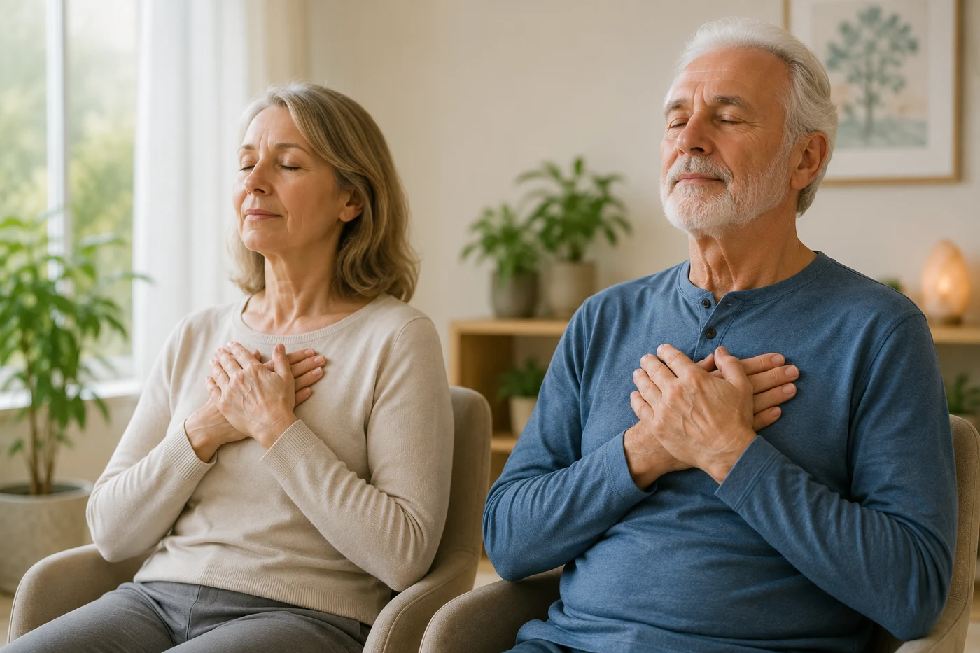 Deux seniors pratiquent un exercice de sophrologie les mains sur le cœur