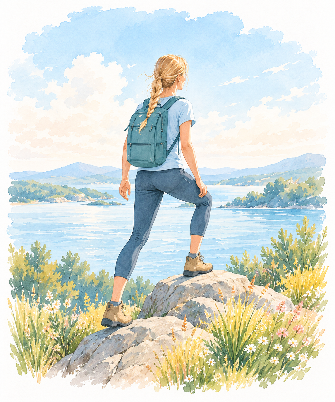 Randonneuse blonde avançant sur des rochers au bord de l'eau